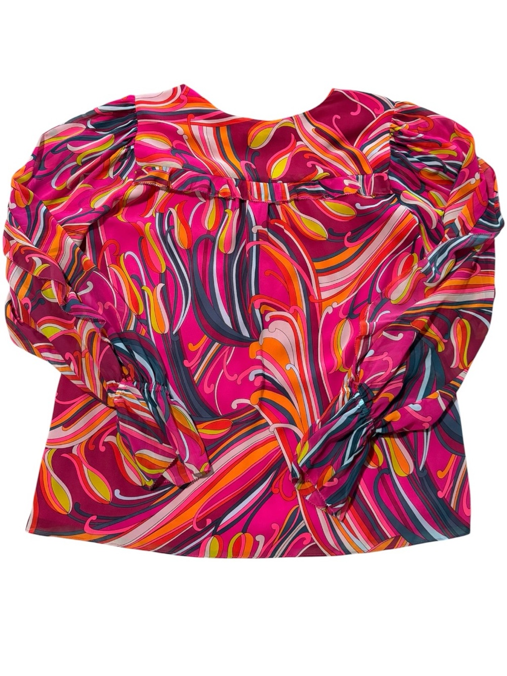 Trina Turk Silk Blouse Pink Orange Psychedelic Swirl Print Long Sleeve Size L - Picture 8 of 8